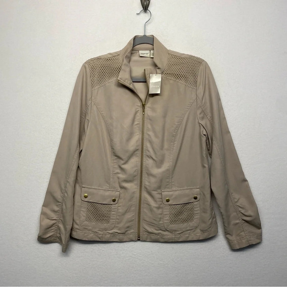 NWT Zenergy Chicos Woven Collection Mesh Detail Zip Jacket Tibet Taupe 1 / S - Picture 1 of 7